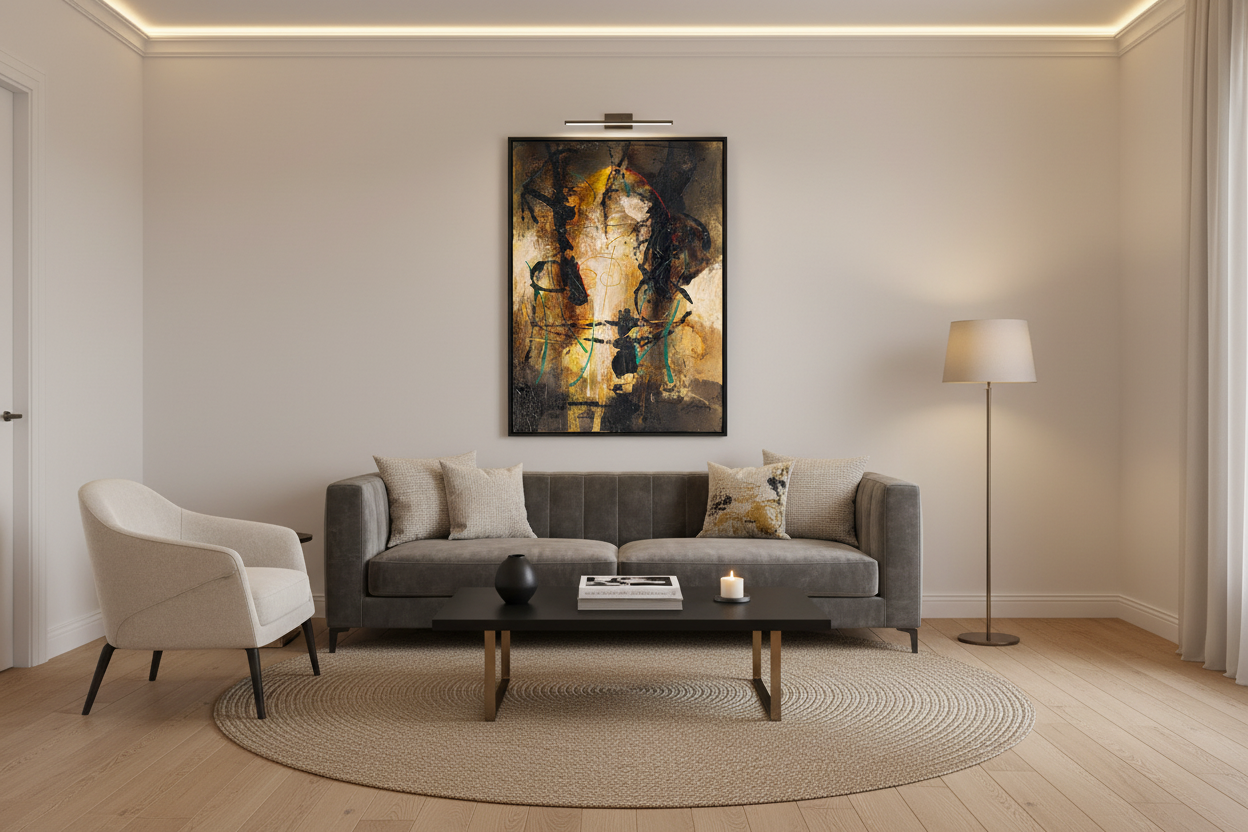Salon élégant avec l'œuvre de Jean-Pierre Lafrance, accrochée au mur.