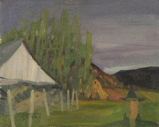 Claude Le Sauteur - La Grange à Gédéon / Huile/Toile, 1979, 8×10 po // 20,32×25,4 cm