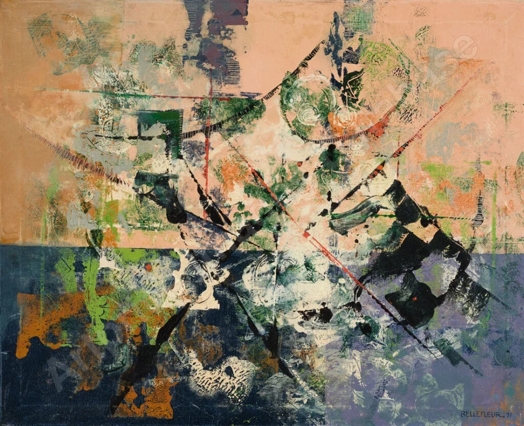 Découvrez l'œuvre 'Le Jongleur aux Rideaux Mauves' de Léon Bellefleur, réalisée en huile sur toile en 1971. Dimensions : 32 x 39 3/4 pouces. Une œuvre poétique et colorée.