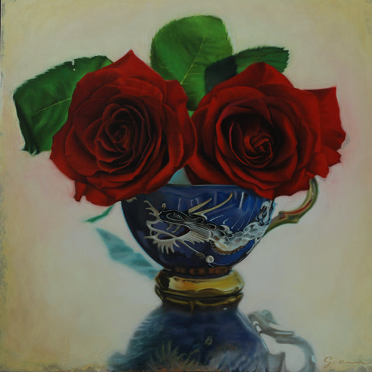 Guy-Anne Massicotte - Tasse ancienne et roses IV / Huile/Panneau, 20 x 20 po // 50,80 x 50,80 cm