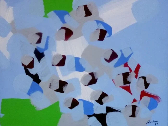 Découvrez l'œuvre 'Les Chagrins de l’Azur' de Marcel Barbeau, réalisée en acrylique sur toile en 1987. Dimensions : 14 x 18 pouces. Une œuvre empreinte de mélancolie et de douceur.
